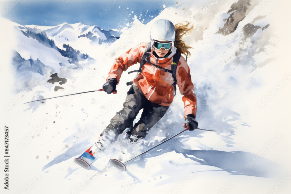A woman is skiing on a mountain with thick snow, watercolor background