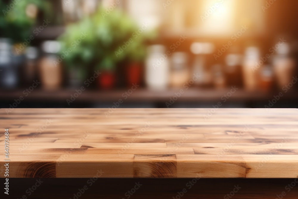 Empty wooden table and blurred kitchen background. Generative AI. Empty wooden table and blurred kitchen background. Generative AI.