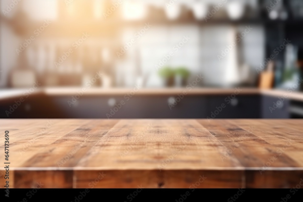 Empty wooden table and blurred kitchen background. Generative AI.