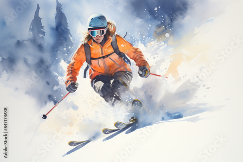 A woman is skiing on a mountain with thick snow, watercolor background