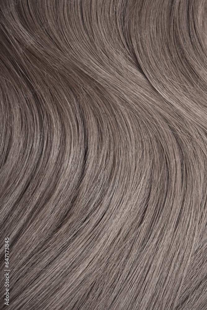 Naklejka premium Blond hair close-up as a background. Women's long light brown hair. Beautifully styled wavy shiny curls. Hair coloring. Hairdressing procedures, extension.