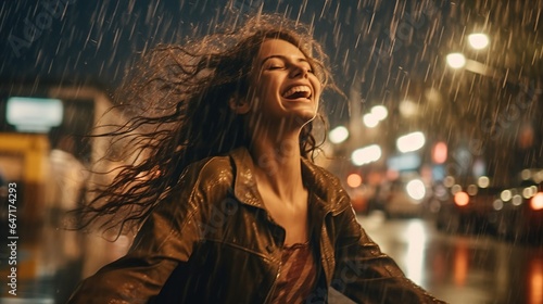 Attractive woman dancing in the summer rain and enjoying the drops of water