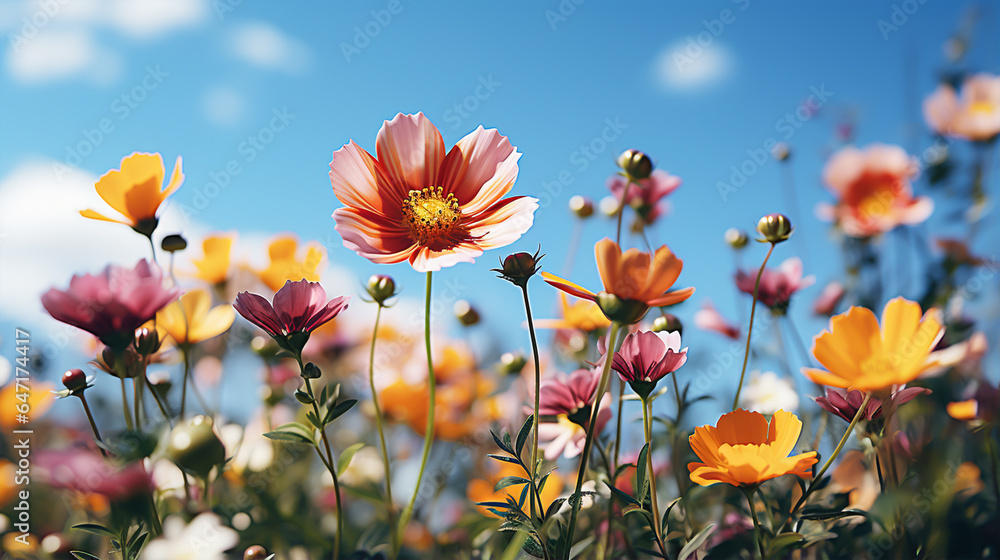 boho flower in a meadow on a lovely Summer day with a blue sky and birds flying in the background photo realistic . 
