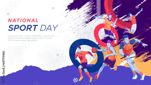 sport background, national sports day celebration concept, with abstract geometric ornament and illustration of sports athlete football player, badminton, basketball, baseball, tennis, volleyball	
