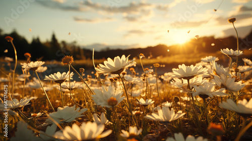 boho flower in a meadow on a lovely summer day with a sunset and birds flying in the background photo realistic. 