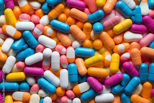 Close -up of various colorful medicines distributed from the medical treatment results of the hospital. Health concept for treatment and improvement.