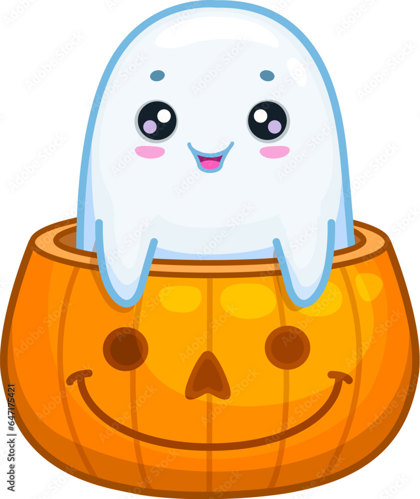 Fototapeta premium Halloween kawaii ghost character peeks out from a grinning pumpkin, radiating adorable charm and spooky fun. Isolated cartoon vector cute spook, peek a boo theme. Baby phantom sitting in jack lantern
