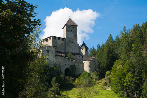 Panoramic view of Castle Taufers in Campo Tures. Valle Aurina near Brunico, South Tyrol in Italy.