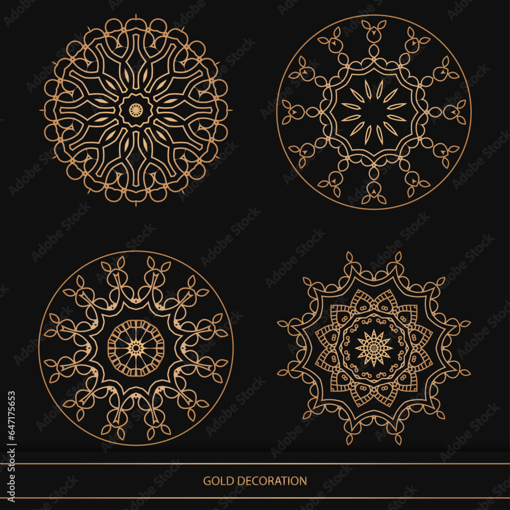 Set of 4 Luxury ornamental element design and frame gold color on black background. Design template for wallpaper. Isolated ornament. Vector Illustration. Set of 4 Luxury ornamental element design and frame gold color on black background. Design template for wallpaper. Isolated ornament. Vector Illustration.