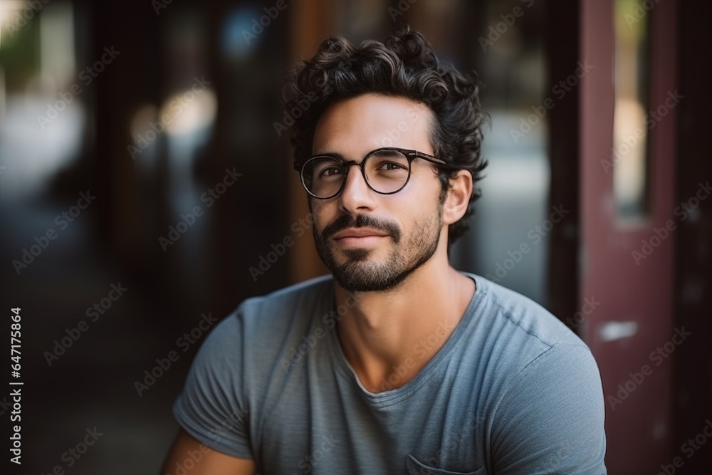 Portrait of a handsome young man with eyeglasses in urban background - obrazy, fototapety, plakaty 