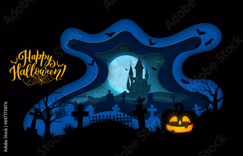 Halloween paper cut banner with dark castle and cemetery silhouette. The moonlight illuminates creepy tombstones and haunting trees, setting the perfect eerie ambiance for a spine-chilling celebration