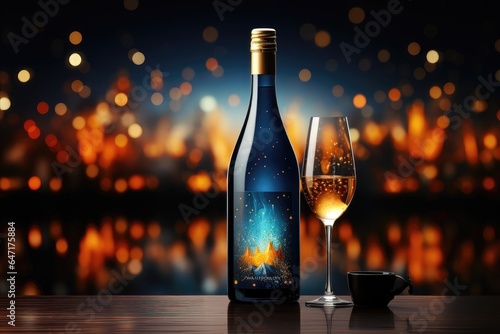 A celebratory background image tailored for creative content, showcasing a blue bottle and a glass of champagne with softly blurred holiday lights in the background. Photorealistic illustration