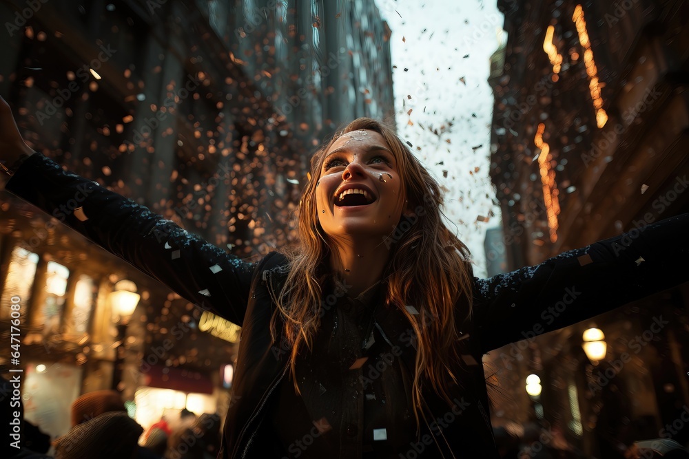 A festive background image showcasing a girl cheering with snow and confetti falling, against a softly blurred street, creating a festive and wintry atmosphere. Photorealistic illustration A festive background image showcasing a girl cheering with snow and confetti falling, against a softly blurred street, creating a festive and wintry atmosphere. Photorealistic illustration