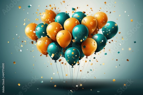 A celebratory background image ideal for creative content, featuring green and yellow balloons and confetti, creating a lively and colorful atmosphere for your designs. Photorealistic illustration