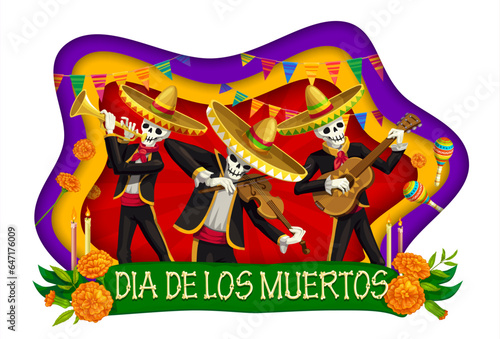 Dia de Los Muertos paper cut banner or Day of Dead skeleton mariachi musicians, vector Mexican holiday fiesta. Dia de Los Muertos greeting card with paper cut calavera skeletons with sombrero, guitar