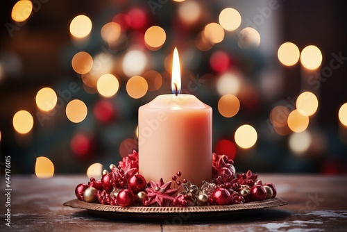 A celebratory background image for creative content  showcasing a close-up of a candlelight with softly blurred holiday lights in the background. Photorealistic illustration