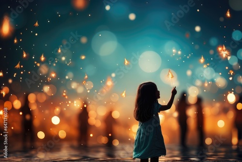 A celebratory background image for creative content, depicting a child holding a sparkler with a blurred crowd and holiday lights in the background. Photorealistic illustration