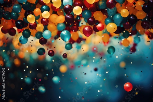A celebratory background image for creative content, featuring colorful balloons against a deep blue background, creating a festive atmosphere for your designs. Photorealistic illustration