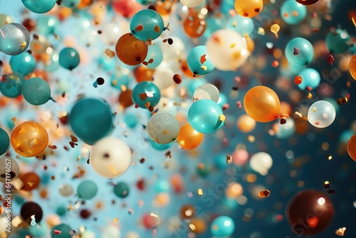 A celebratory background image filled with lots of colorful balloons floating in the air, creating a lively and festive atmosphere for your designs. Photorealistic illustration