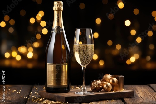 A celebratory background image for creative content, showcasing a champagne bottle and a glass placed on a rustic wooden table with softly blurred holiday lights. Photorealistic illustration