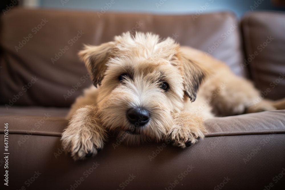 Adorable fluffy wheaten terrier dog relaxing on the couch Adorable fluffy wheaten terrier dog relaxing on the couch