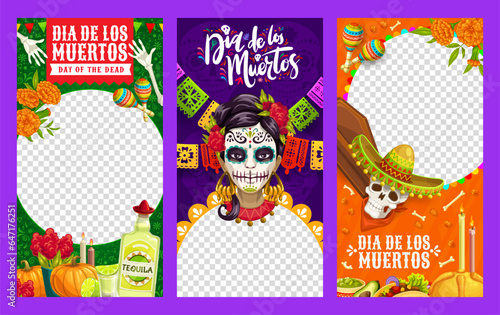 Dia de Los Muertos Mexican holiday templates for social media and blog posts, vector frames. Day of Dead or Dia de Los Muertos backgrounds with Mexican Catrina calavera, tequila and marigold flowers