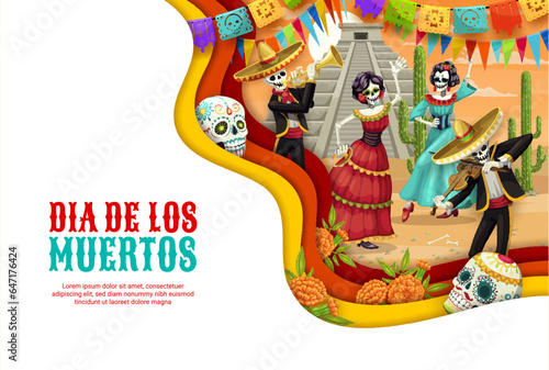 Dia De Los Muertos paper cut banner, Day of Dead Mexican holiday, vector mariachi fiesta. Dia de Los Muertos papercut Catrina calavera skulls, skeletons in sombreros and Mexican papel picado flags