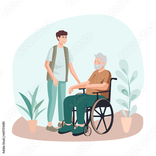 nurse for people with disabilities, accompanying an elderly person in a wheelchair