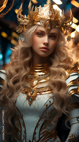 A young girl dressed like a goddess with long blonde hair, blue and gold. AI Generative