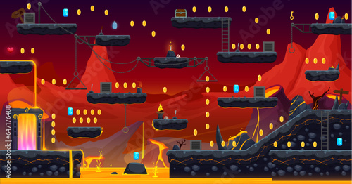 Arcade game volcano level map with stone platforms, red lava, stairs and game items. Mobile arcade screen, console game vector level or videogame environment backdrop with volcanic lava platforms