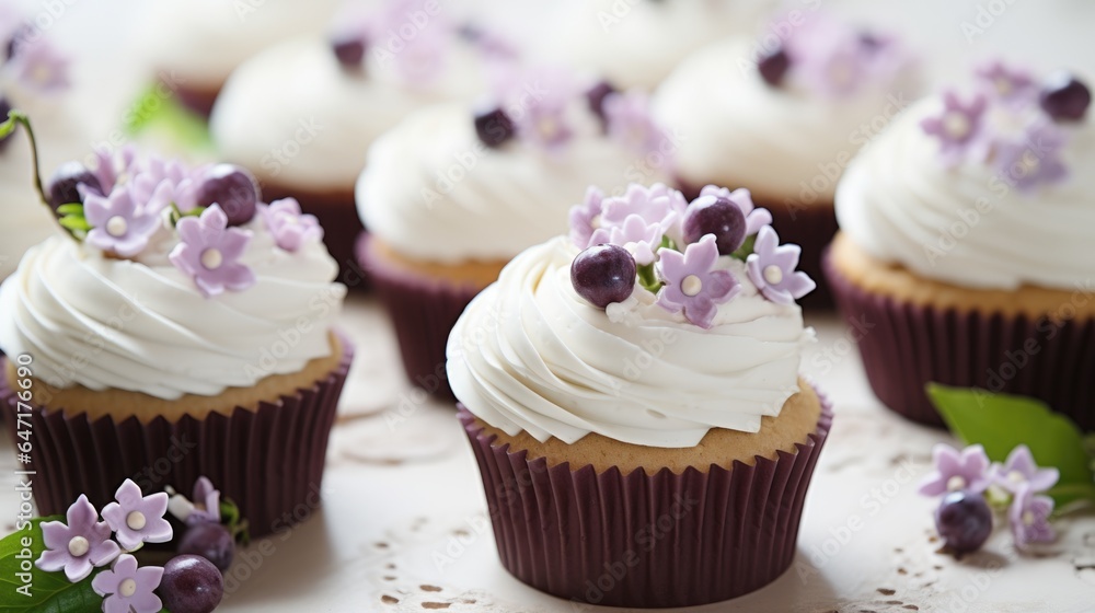 A close up of cupcakes with white frosting and purple flowers. Fiction, made with AI.
