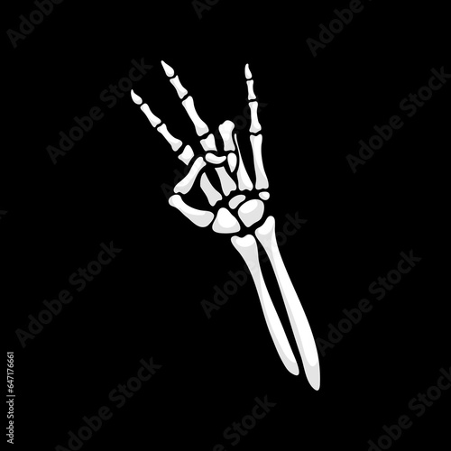 Skeleton hand forms a shocker gesture with three fingers raised and the ring finger lowered, conveying a spooky provocative vibe. Isolated vector cartoon bony arm gesticulation, body language