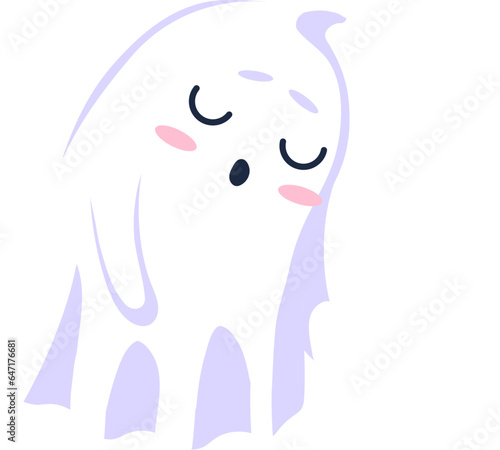 Halloween kawaii ghost sleeping, emitting gentle zzz snores. Isolated cute vector white spook peacefully slumbers, its round, innocent eyes closed. Adorable otherworldly phantom drifting in dreamland