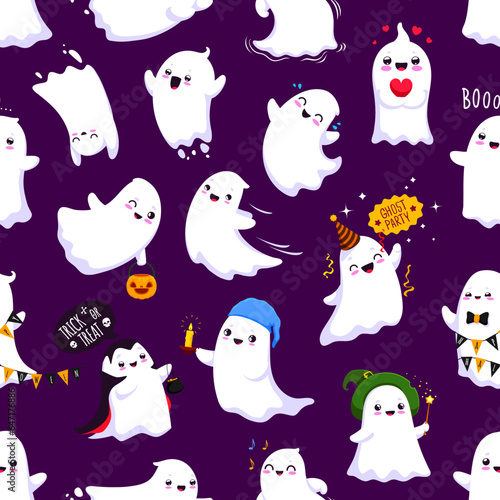 Cartoon Halloween kawaii ghost characters seamless pattern  vector background. Halloween holiday pattern with cute cheerful ghosts and happy smiling boo ghouls for trick or treat party with candles