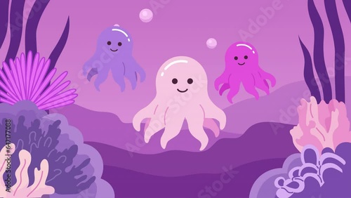 Octopuses underwater bubbles kawaii lo fi animated cartoon background. Marine life deep sea lofi aesthetic live wallpaper animation. Chibi creatures color cute chill scene 4K video motion graphic photo