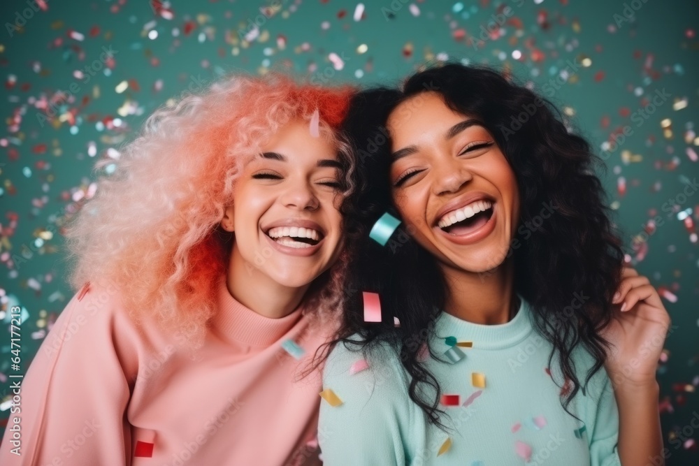 On a joyful holiday night, two women smile and laugh as colorful confetti rains down upon them, celebrating the start of a new year with excitement and fun On a joyful holiday night, two women smile and laugh as colorful confetti rains down upon them, celebrating the start of a new year with excitement and fun