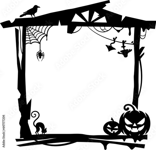 Halloween holiday frame with pumpkins, bats and spiders, vector black silhouette border. Halloween horror night house frame with spooky scary pumpkin monsters, raven and witch mushrooms in cobweb