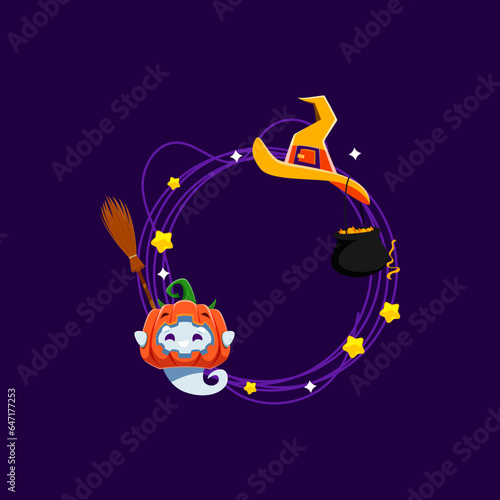 Halloween holiday frame with kawaii ghost wear pumpkin on head, with hat, broom and cauldron filled with sweets. Isolated vector round border decorated stars, confetti and cute baby spook personage