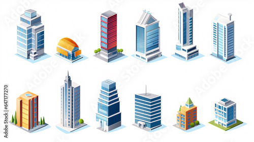 An array of isometric skyscraper buildings, representing a variety of business offices and commercial towers
