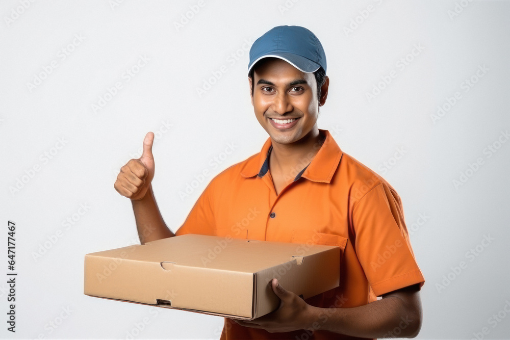Young deliveryman or courier boy holding box in hand and showing thumps up Young deliveryman or courier boy holding box in hand and showing thumps up