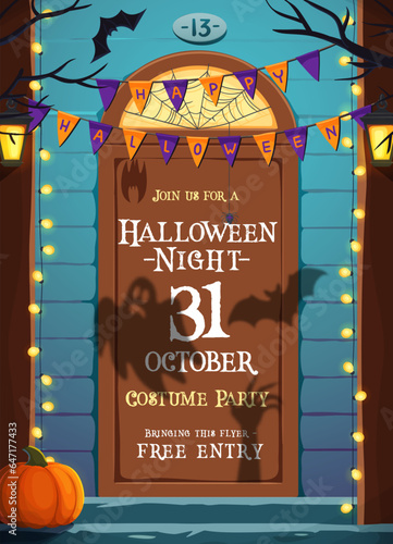 Halloween party flyer with decorated holiday door and porch, garland and ghost silhouettes. Vector invitation poster for celebration horror night or costume party. Cottage doorway with spooky shadows