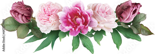 Pink roses, tulip and peony isolated on a transparent background. Png file.  Floral arrangement, bouquet of garden flowers. Can be used for invitations, greeting, wedding card.