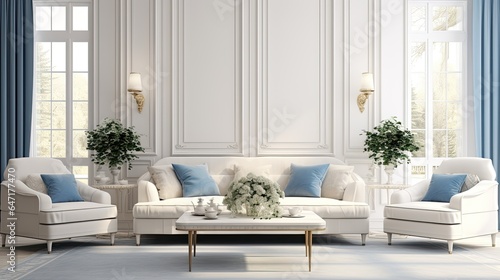 Beige and blue sofa next to the window in a classic room Modern living room interior design