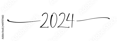 Happy New Year 2024 horizontal decor. Hand drawn arts style line and number 20 24. Text divider creative shape. Black and white colors. New Year decoration. Greeting card or invitation design element.