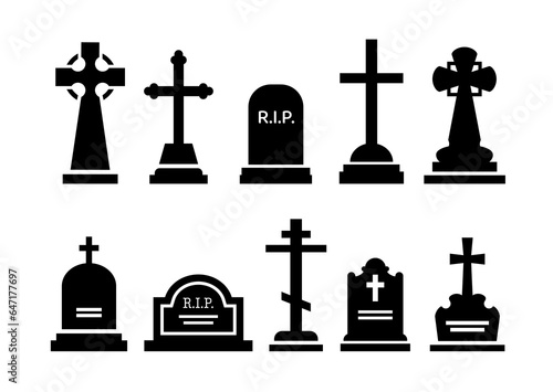 Gravestone and tombstone silhouettes, tomb stone and headstone of cemetery, vector icons. Graveyard tomb with RIP stone of funeral memorials with gothic cross, grave burial monument symbols
