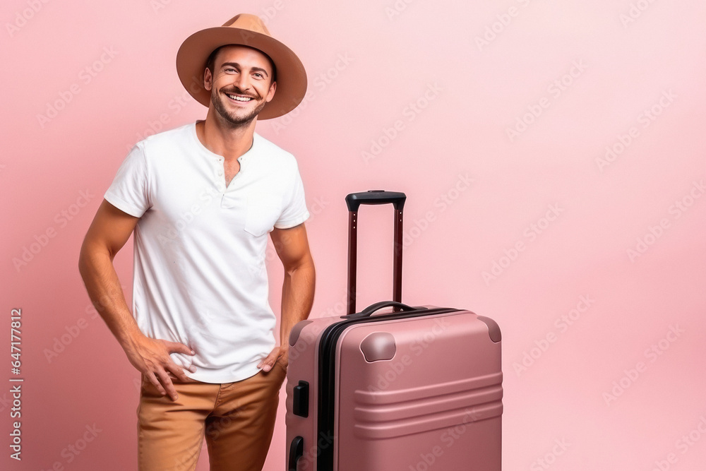 Young man traveler wearing hat and standing with suitcase trolley. Young man traveler wearing hat and standing with suitcase trolley.