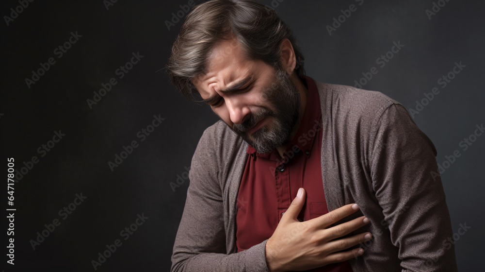 An aged man experiencing chest discomfort due to a heart attack.
