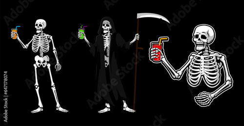 Halloween skeleton and reaper with scythe drinking cocktail. Isolated vector spooky personages sip eerie beverages, embodying the macabre spirit of the night, adding a spooky twist to the celebration