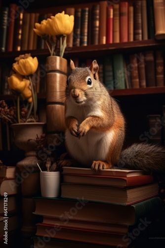 A curious squirrel perched on a bookshelf in a cozy living room, surrounded by books.