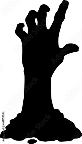 Zombie hand black silhouette, isolated vector decaying arm, with jagged fingers and a haunting presence sticking up from the ground or grave, embodies the horror of the undead and Halloween spirit